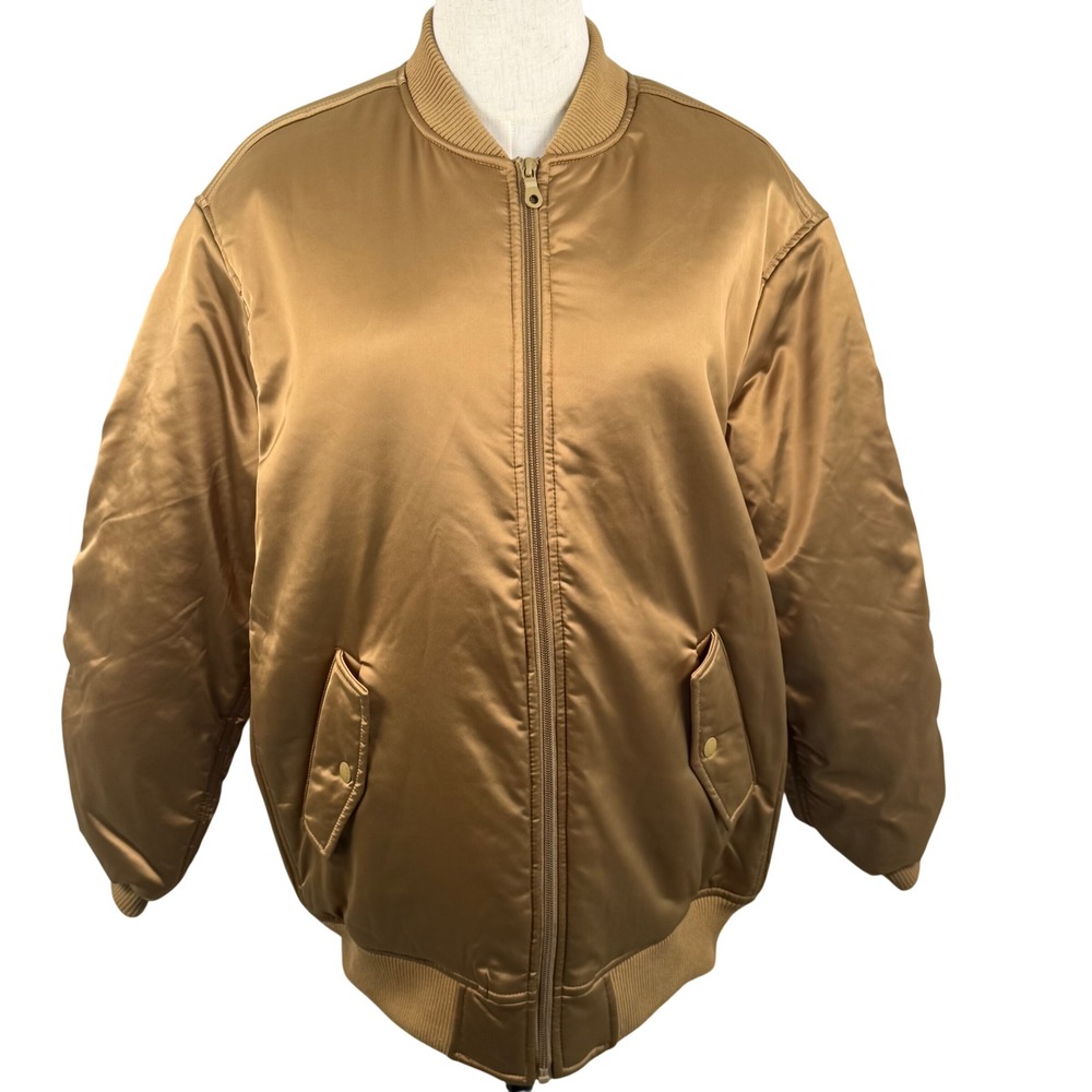 NWT OFFLINE by Aerie XS Bomber Jacket Gold Satin Scout Khaki Pockets Oversized
